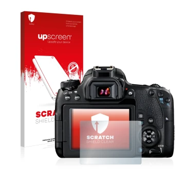 Parte frontale di una confezione del prodotto con il logo del marchio upscreen. Accanto è raffigurato il dispositivo Canon EOS