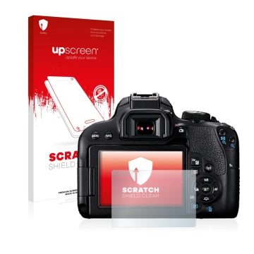 Parte frontale di una confezione del prodotto con il logo del marchio upscreen. Accanto è raffigurato il dispositivo Canon EOS
