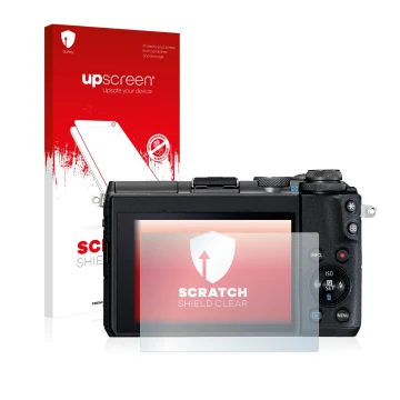 Parte frontale di una confezione del prodotto con il logo del marchio upscreen. Accanto è raffigurato il dispositivo Canon EOS