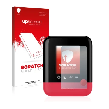 Parte frontale di una confezione del prodotto con il logo del marchio upscreen. Accanto è raffigurato il dispositivo Polaroid 