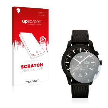 Parte frontale di una confezione del prodotto con il logo del marchio upscreen. Accanto è raffigurato il dispositivo Lacoste 1