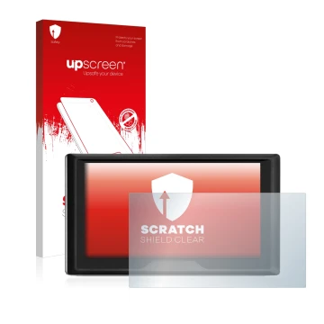 Parte frontale di una confezione del prodotto con il logo del marchio upscreen. Accanto è raffigurato il dispositivo Garmin Dr