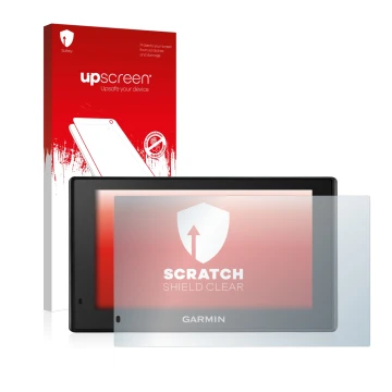 Parte frontale di una confezione del prodotto con il logo del marchio upscreen. Accanto è raffigurato il dispositivo Garmin Dr