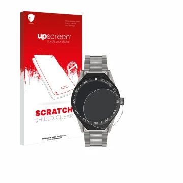 Parte frontale di una confezione del prodotto con il logo del marchio upscreen. Accanto è raffigurato il dispositivo TAG Heuer
