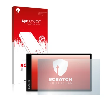 Parte frontale di una confezione del prodotto con il logo del marchio upscreen. Accanto è raffigurato il dispositivo Garmin Ca