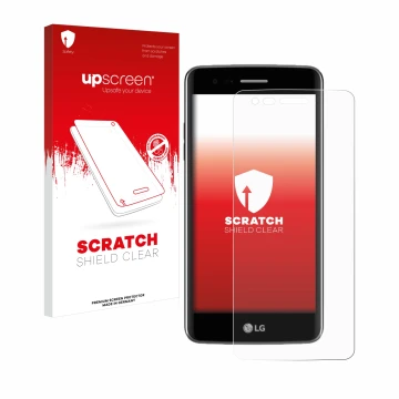 Parte frontale di una confezione del prodotto con il logo del marchio upscreen. Accanto è raffigurato il dispositivo LG K8 201
