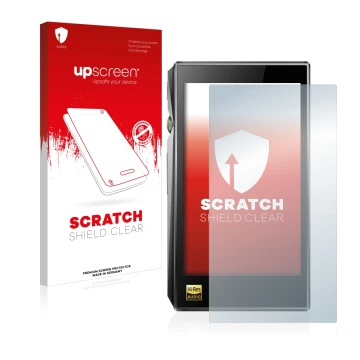 Parte frontale di una confezione del prodotto con il logo del marchio upscreen. Accanto è raffigurato il dispositivo FiiO X5 I