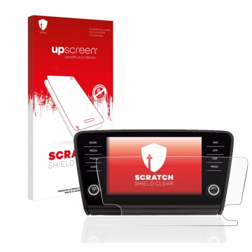 Parte frontale di una confezione del prodotto con il logo del marchio upscreen. Accanto è raffigurato il dispositivo Skoda Oct