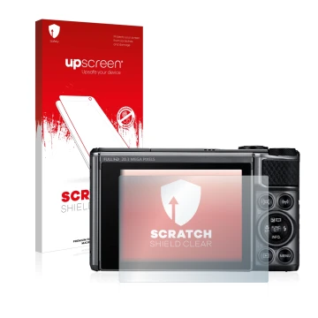 Parte frontale di una confezione del prodotto con il logo del marchio upscreen. Accanto è raffigurato il dispositivo Canon Pow