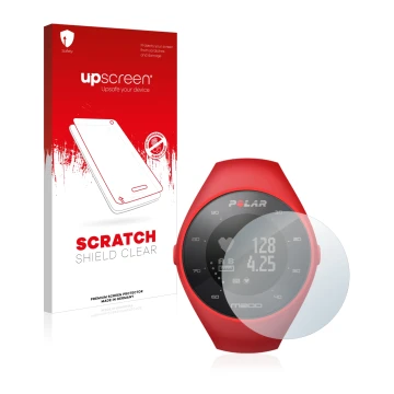 Parte frontale di una confezione del prodotto con il logo del marchio upscreen. Accanto è raffigurato il dispositivo Polar M20