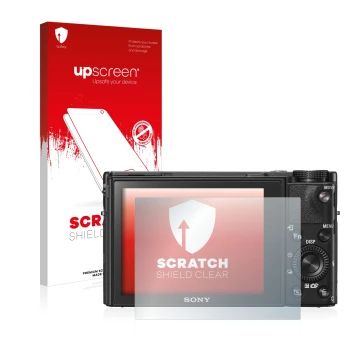 Parte frontale di una confezione del prodotto con il logo del marchio upscreen. Accanto è raffigurato il dispositivo Sony Cybe