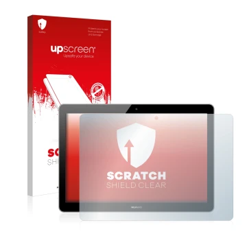 Parte frontale di una confezione del prodotto con il logo del marchio upscreen. Accanto è raffigurato il dispositivo Huawei Me
