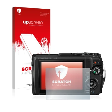 Parte frontale di una confezione del prodotto con il logo del marchio upscreen. Accanto è raffigurato il dispositivo Olympus T