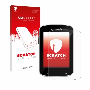 Parte frontale di una confezione del prodotto con il logo del marchio upscreen. Accanto è raffigurato il dispositivo Garmin Ed