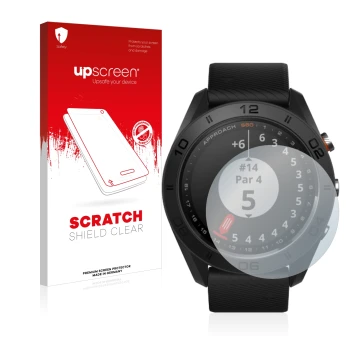 Parte frontale di una confezione del prodotto con il logo del marchio upscreen. Accanto è raffigurato il dispositivo Garmin Ap