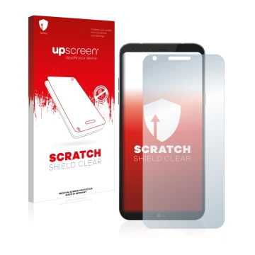 Parte frontale di una confezione del prodotto con il logo del marchio upscreen. Accanto è raffigurato il dispositivo LG Q6 con