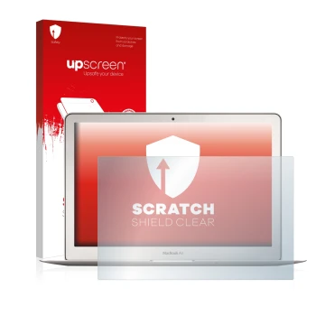 Parte frontale di una confezione del prodotto con il logo del marchio upscreen. Accanto è raffigurato il dispositivo Apple Mac