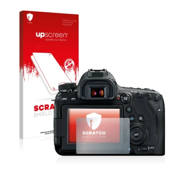 Parte frontale di una confezione del prodotto con il logo del marchio upscreen. Accanto è raffigurato il dispositivo Canon EOS