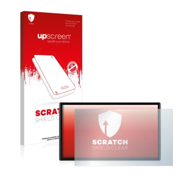 Parte frontale di una confezione del prodotto con il logo del marchio upscreen. Accanto è raffigurato il dispositivo Garmin Dr