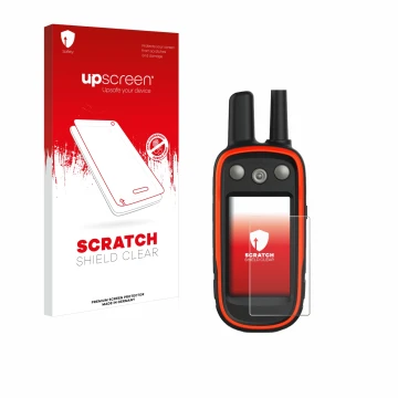 Parte frontale di una confezione del prodotto con il logo del marchio upscreen. Accanto è raffigurato il dispositivo Garmin At