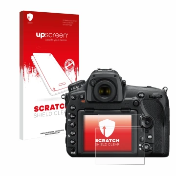 Parte frontale di una confezione del prodotto con il logo del marchio upscreen. Accanto è raffigurato il dispositivo Nikon D85