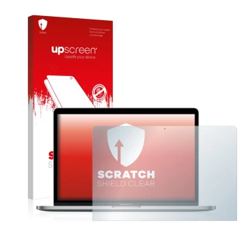 Parte frontale di una confezione del prodotto con il logo del marchio upscreen. Accanto è raffigurato il dispositivo Apple Mac