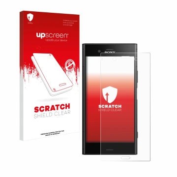 Parte frontale di una confezione del prodotto con il logo del marchio upscreen. Accanto è raffigurato il dispositivo Sony Xper