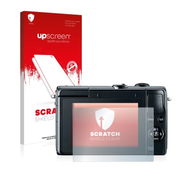 Parte frontale di una confezione del prodotto con il logo del marchio upscreen. Accanto è raffigurato il dispositivo Canon EOS