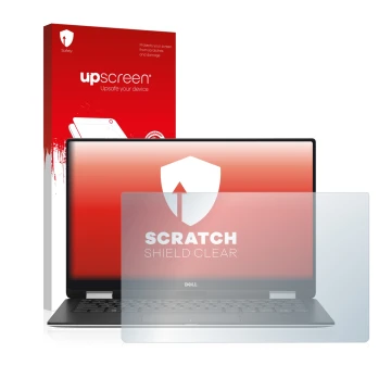 Parte frontale di una confezione del prodotto con il logo del marchio upscreen. Accanto è raffigurato il dispositivo Dell XPS 