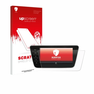Parte frontale di una confezione del prodotto con il logo del marchio upscreen. Accanto è raffigurato il dispositivo Skoda Sup