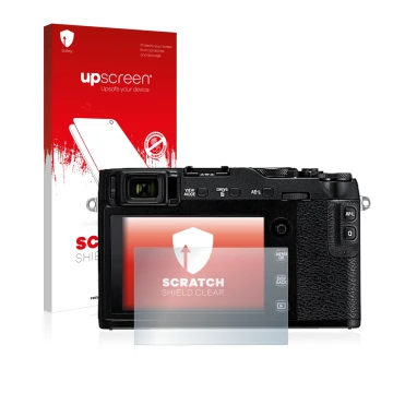 Parte frontale di una confezione del prodotto con il logo del marchio upscreen. Accanto è raffigurato il dispositivo Fujifilm 