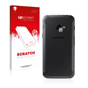 Parte frontale di una confezione del prodotto con il logo del marchio upscreen. Accanto è raffigurato il dispositivo Samsung G