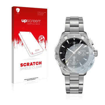 Parte frontale di una confezione del prodotto con il logo del marchio upscreen. Accanto è raffigurato il dispositivo TAG Heuer