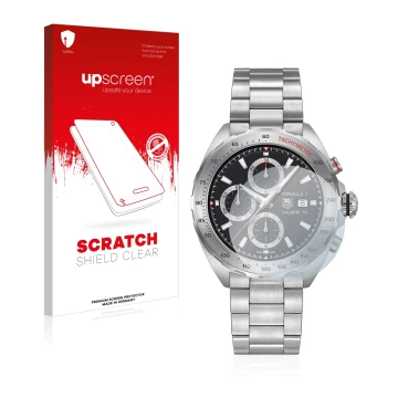 Parte frontale di una confezione del prodotto con il logo del marchio upscreen. Accanto è raffigurato il dispositivo TAG Heuer