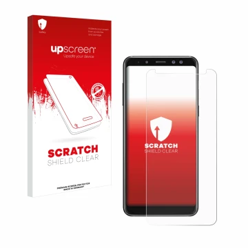 Parte frontale di una confezione del prodotto con il logo del marchio upscreen. Accanto è raffigurato il dispositivo Samsung G