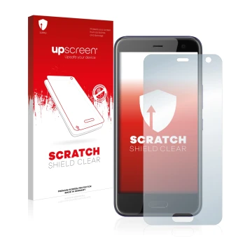 Parte frontale di una confezione del prodotto con il logo del marchio upscreen. Accanto è raffigurato il dispositivo HTC U11 L