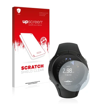 Parte frontale di una confezione del prodotto con il logo del marchio upscreen. Accanto è raffigurato il dispositivo Suunto Sp