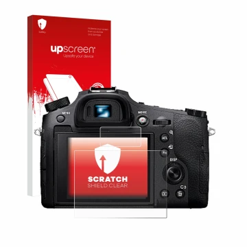 Parte frontale di una confezione del prodotto con il logo del marchio upscreen. Accanto è raffigurato il dispositivo Sony Cybe