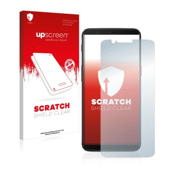 Parte frontale di una confezione del prodotto con il logo del marchio upscreen. Accanto è raffigurato il dispositivo OnePlus 5