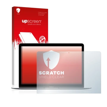 Parte frontale di una confezione del prodotto con il logo del marchio upscreen. Accanto è raffigurato il dispositivo Apple Mac