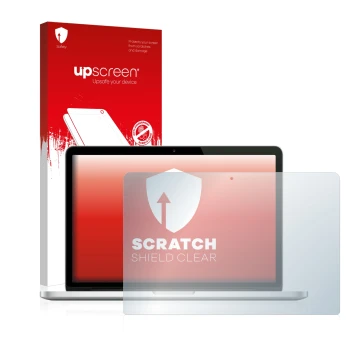 Parte frontale di una confezione del prodotto con il logo del marchio upscreen. Accanto è raffigurato il dispositivo Apple Mac