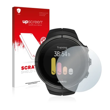 Parte frontale di una confezione del prodotto con il logo del marchio upscreen. Accanto è raffigurato il dispositivo Suunto Sp