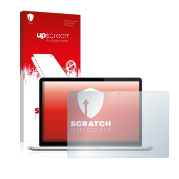 Parte frontale di una confezione del prodotto con il logo del marchio upscreen. Accanto è raffigurato il dispositivo Apple Mac