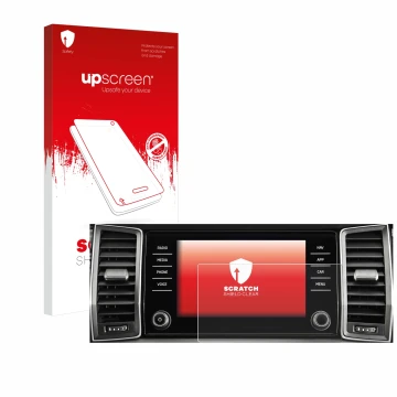 Parte frontale di una confezione del prodotto con il logo del marchio upscreen. Accanto è raffigurato il dispositivo Skoda Col