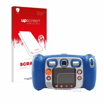Parte frontale di una confezione del prodotto con il logo del marchio upscreen. Accanto è raffigurato il dispositivo Vtech Kid