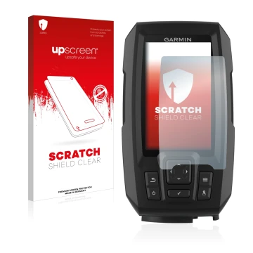 Parte frontale di una confezione del prodotto con il logo del marchio upscreen. Accanto è raffigurato il dispositivo Garmin St