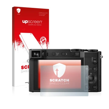 Parte frontale di una confezione del prodotto con il logo del marchio upscreen. Accanto è raffigurato il dispositivo Panasonic