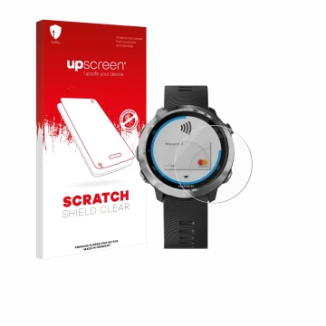 Parte frontale di una confezione del prodotto con il logo del marchio upscreen. Accanto è raffigurato il dispositivo Garmin Fo