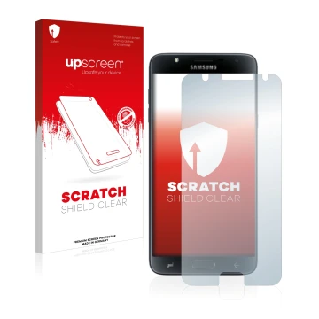 Parte frontale di una confezione del prodotto con il logo del marchio upscreen. Accanto è raffigurato il dispositivo Samsung G