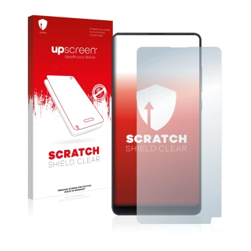 Parte frontale di una confezione del prodotto con il logo del marchio upscreen. Accanto è raffigurato il dispositivo Xiaomi Mi